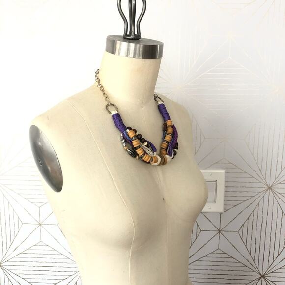Artisan Handmade Purple multi color fabric and beaded chunky necklace - Picture 3 of 8